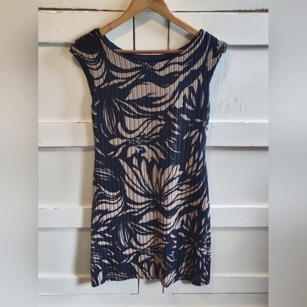 Connected Apparel Women Sleeveless Knit Dress | Navy Tan Tropical Print | Sz 6